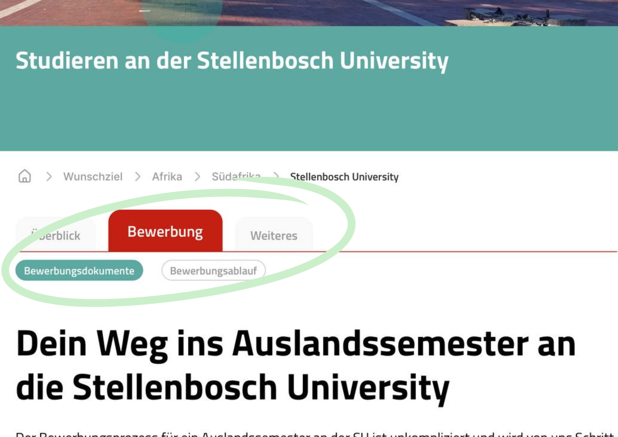 Navigationsbereich der Webseite zur Stellenbosch University mit Tabs „Bewerbung“, „Bewerbungsdokumente“ und „Bewerbungsablauf“.