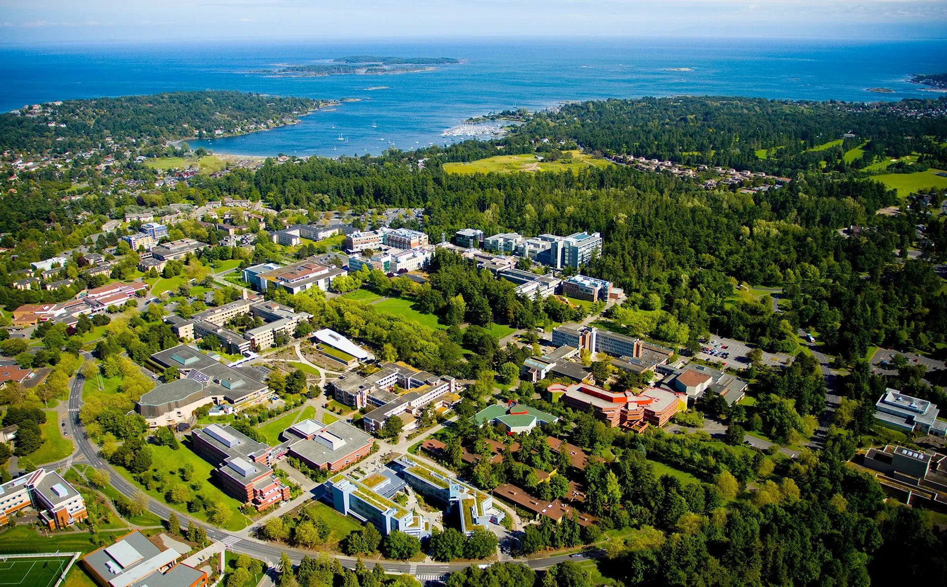 Luftaufnahme des grünen, küstennahen Campus der University of Victoria.