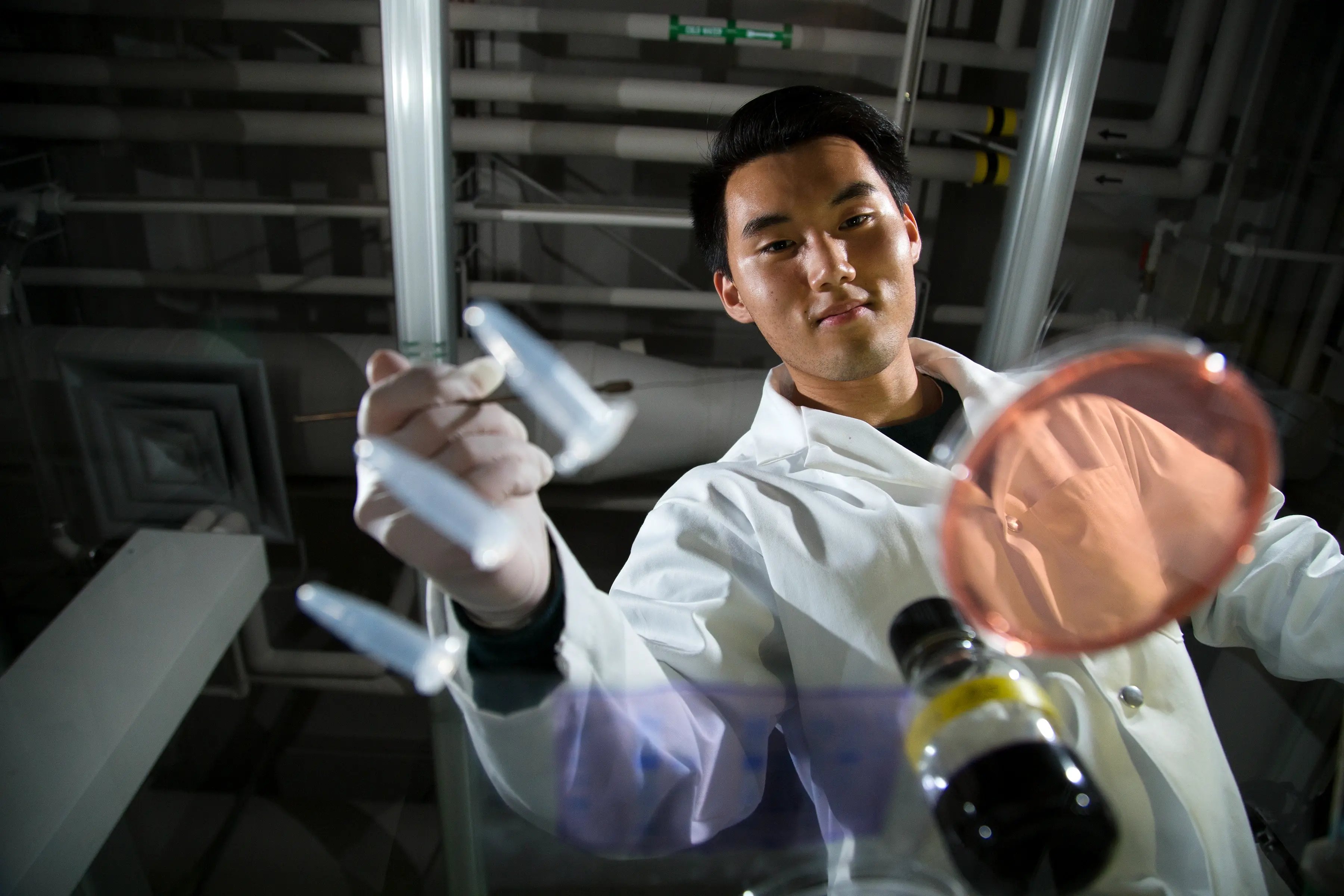 Student im Labor der University of Victoria hält eine Petrischale und arbeitet an einem Experiment.