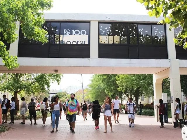 Viele Studierende laufen am Campus der Stellenbosch University entland