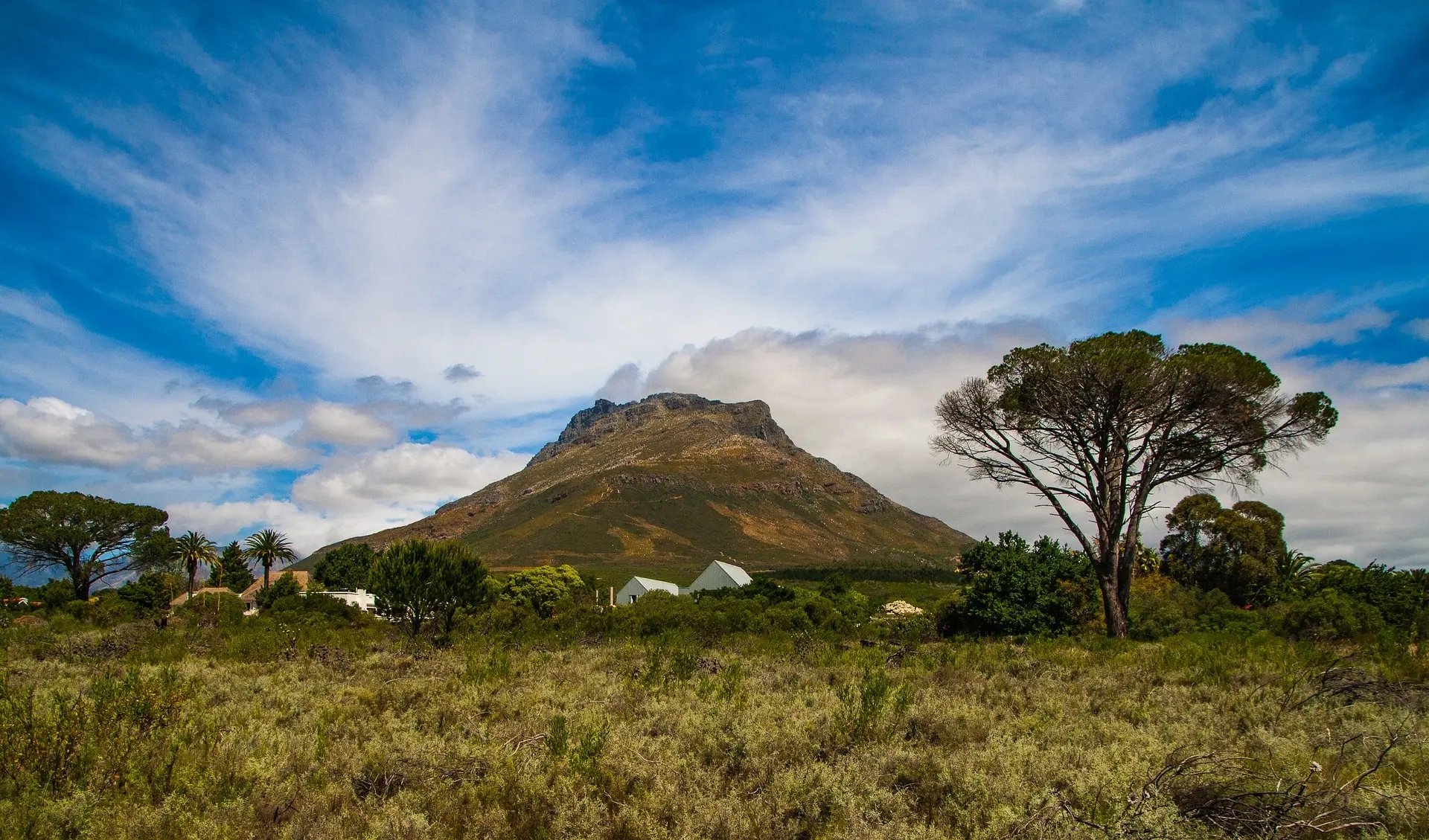 Landschaft in Afrika mit Bergen und Bäumen unter blauem Himmel. 