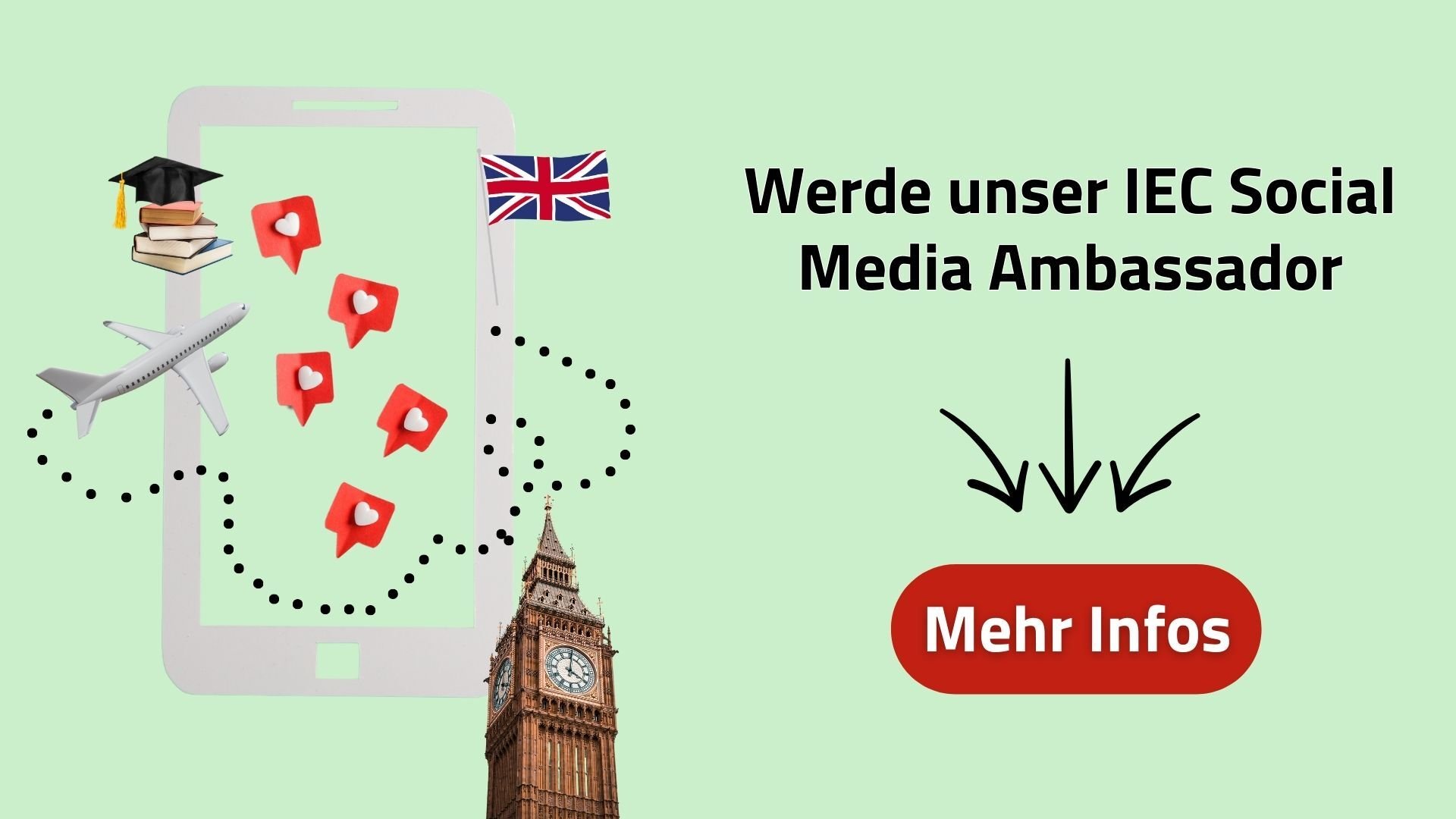 Grafik mit Text „Werde unser IEC Social Media Ambassador“, daneben Smartphone mit Reise-Symbolen, UK-Flagge und Big Ben, unten Button „Mehr Infos“.