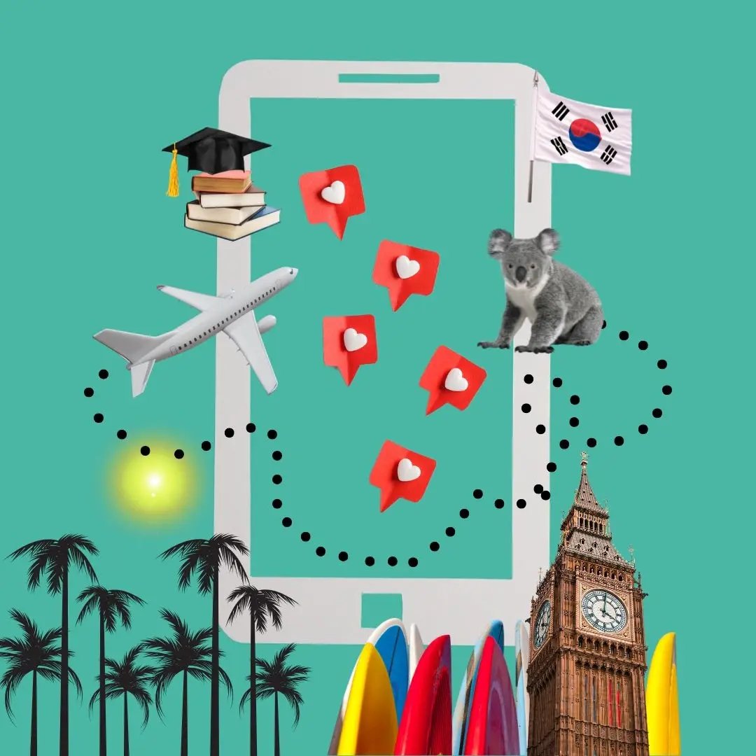 Illustration mit Flugzeug, Koala, Büchern und Social-Media-Symbolen. 