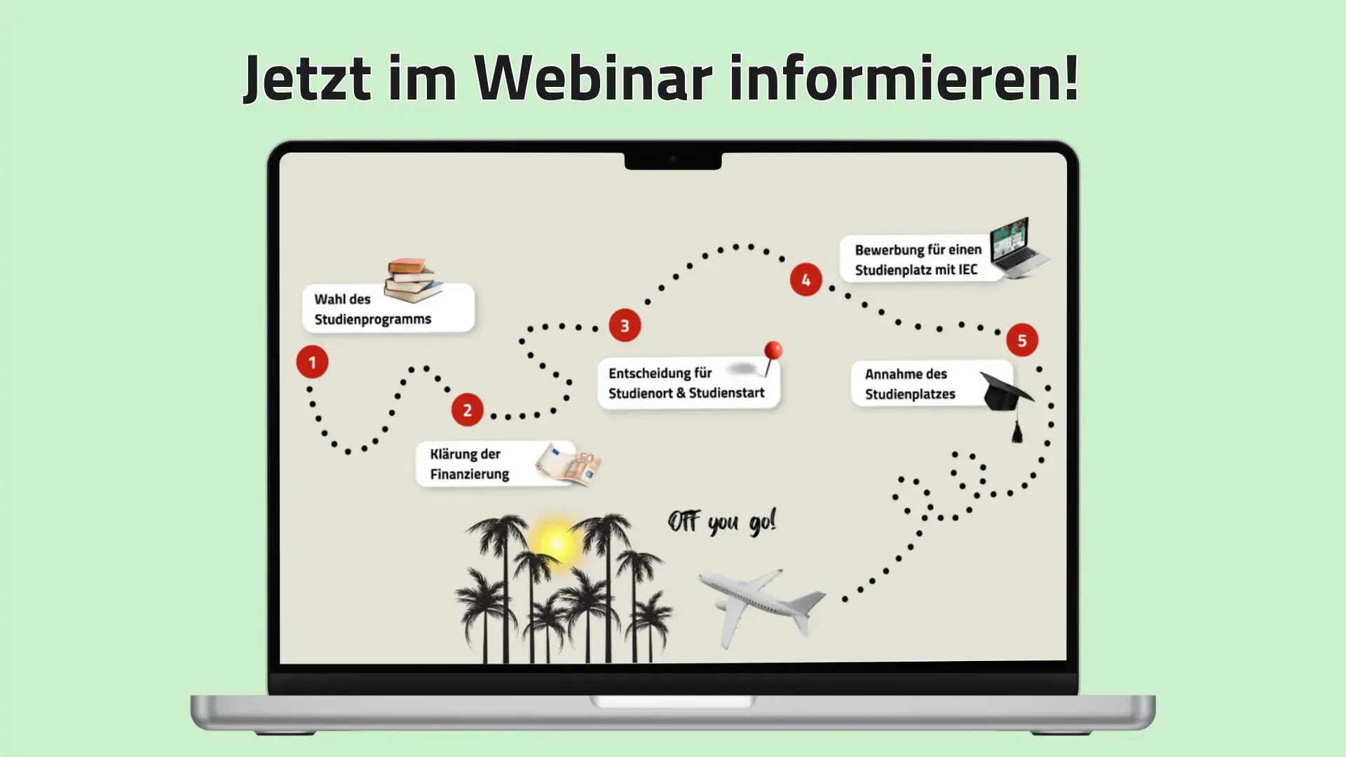 Laptop mit Reiseweg-Grafik zum Auslandssemester und Text „Jetzt im Webinar informieren!“.